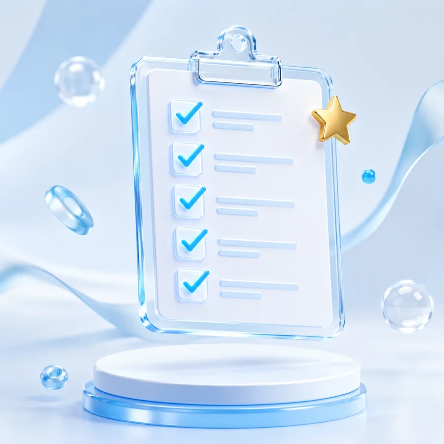 5つの対策チェックリストのイメージ(チェック付きクリップボードの3Dビジュアル)