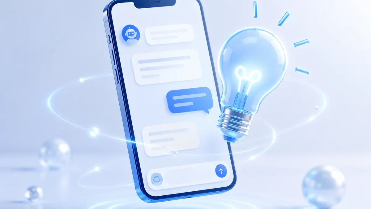 AEOとは?のイメージ(スマートフォンのAIチャットと電球の3Dビジュアル)