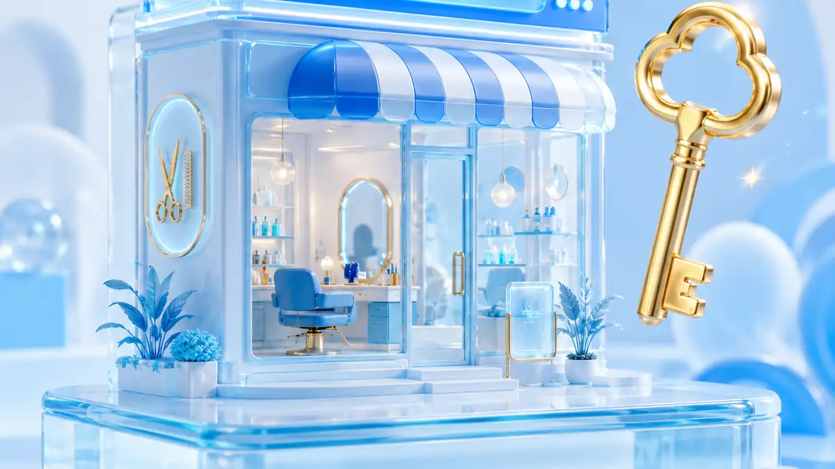 個人サロンのホームページのイメージ(ガラス調のサロン店舗の3Dビジュアル)