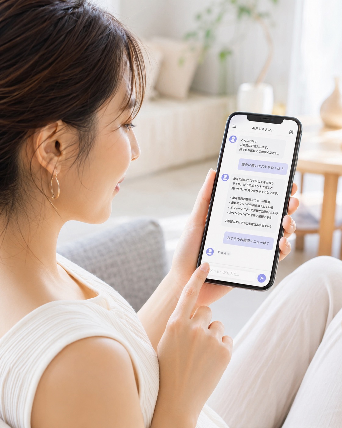 ソファでスマートフォンのAIアシスタントに、おすすめのエステサロンを相談する女性（イメージ）