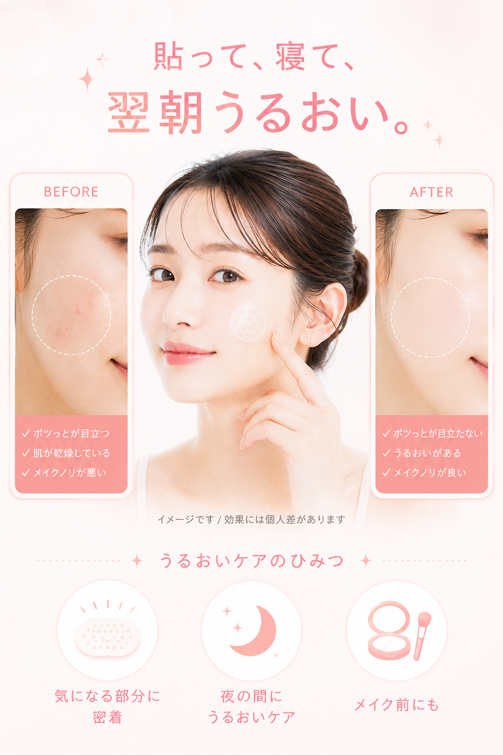 貼って、寝て、翌朝うるおい。気になる部分に密着、夜の間にうるおいケア、メイク前にも。※イメージです・効果には個人差があります。