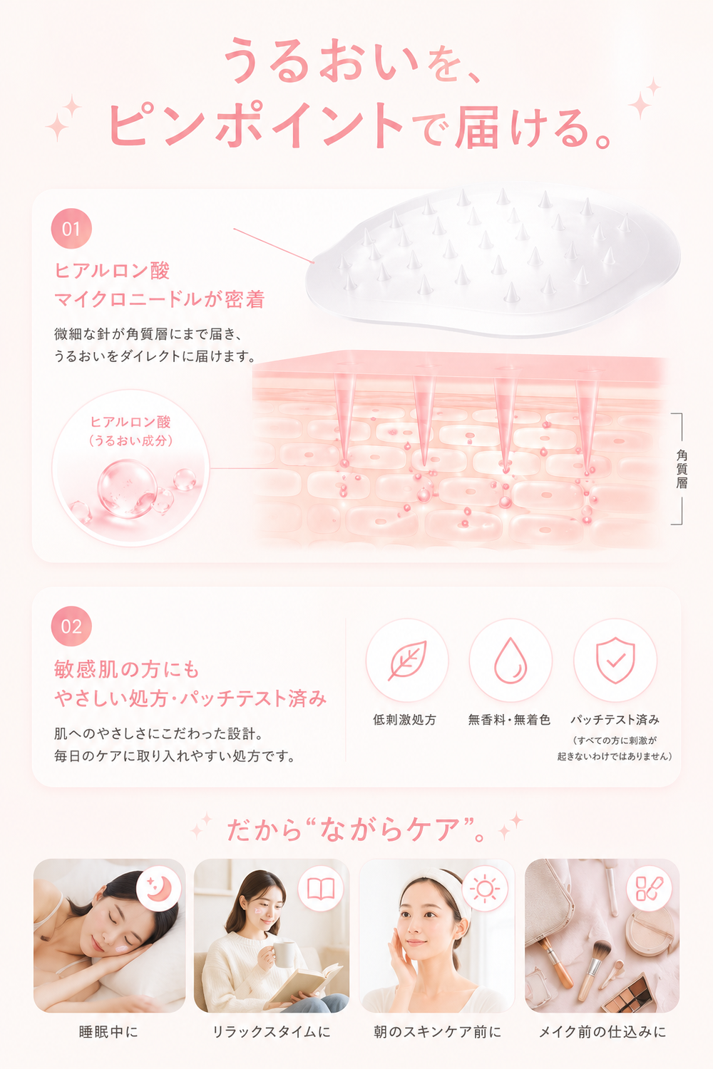 うるおいを、ピンポイントで届ける。ヒアルロン酸マイクロニードルが密着し、微細な針が角質層にまでうるおいを届ける。敏感肌の方にもやさしい低刺激処方・無香料無着色・パッチテスト済み。睡眠中・リラックスタイム・朝のスキンケア前・メイク前の“ながらケア”に。