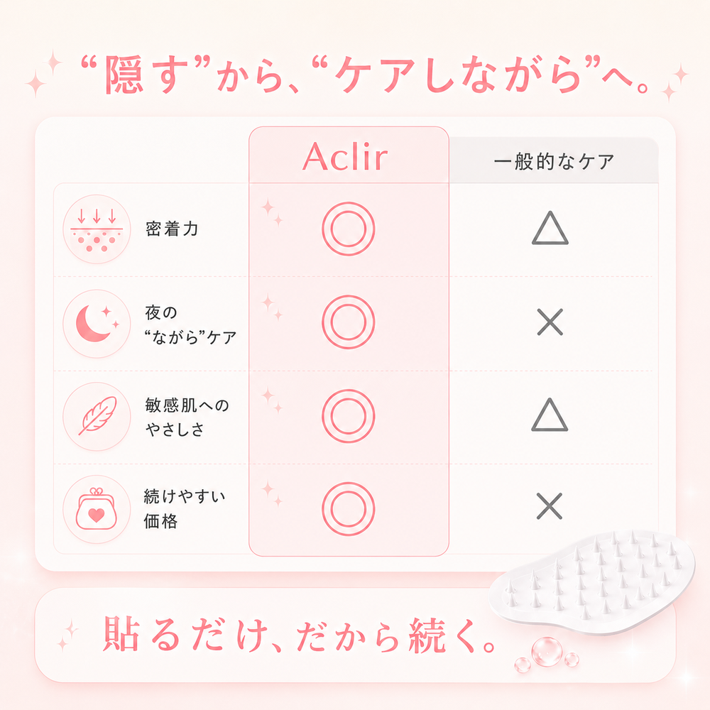 “隠す”から、“ケアしながら”へ。Aclirは密着力・夜のながらケア・敏感肌へのやさしさ・続けやすい価格が◎、一般的なケアは△や×。貼るだけ、だから続く。