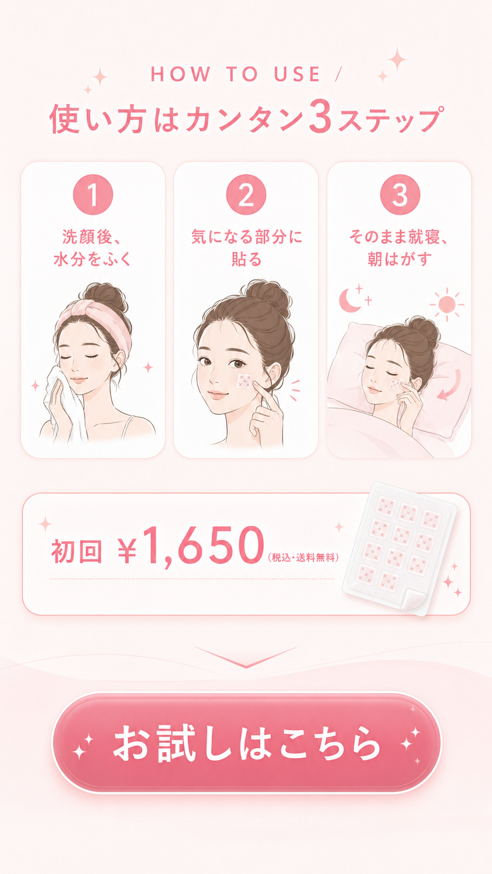 HOW TO USE 使い方はカンタン3ステップ。①洗顔後、水分をふく ②気になる部分に貼る ③そのまま就寝、朝はがす。初回1,650円(税込・送料無料)。お試しはこちら。