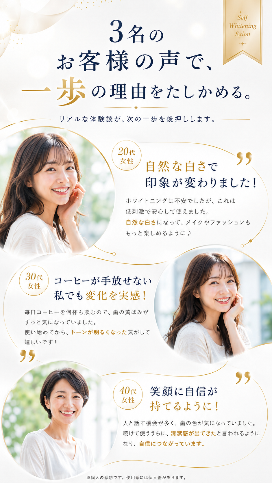 3名のお客様の声(※個人の感想です・使用感には個人差があります)。20代女性『自然な白さで印象が変わりました』、30代女性『コーヒーが手放せない私でも変化を実感』、40代女性『笑顔に自信が持てるように』。