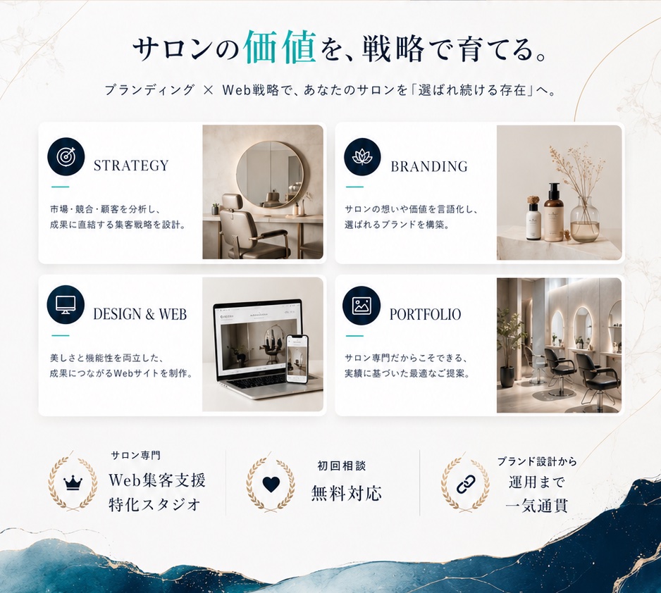 サロンの価値を、戦略で育てる。STRATEGY・BRANDING・DESIGN&WEB・PORTFOLIOの4つの軸で『選ばれ続ける存在』をつくる。サロン専門・初期費用無料・最短一気通貫。