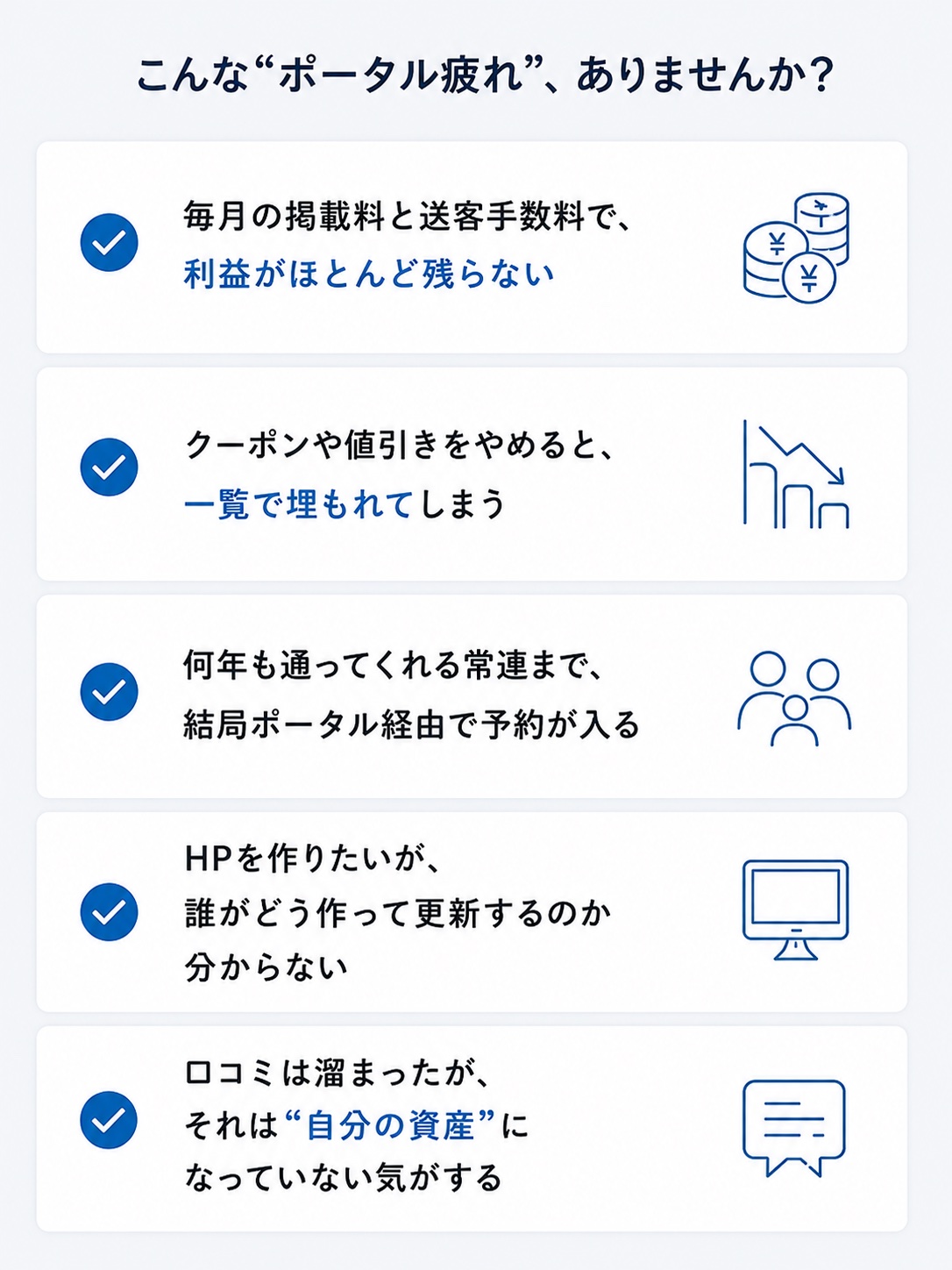 こんな“ポータル疲れ”、ありませんか？ ①掲載料と送客手数料で利益が残らない ②クーポンや値引きで一覧に埋もれる ③常連までポータル経由で予約が入る ④HPを作っても更新できない ⑤口コミが自分の資産にならない、という5つの悩み。